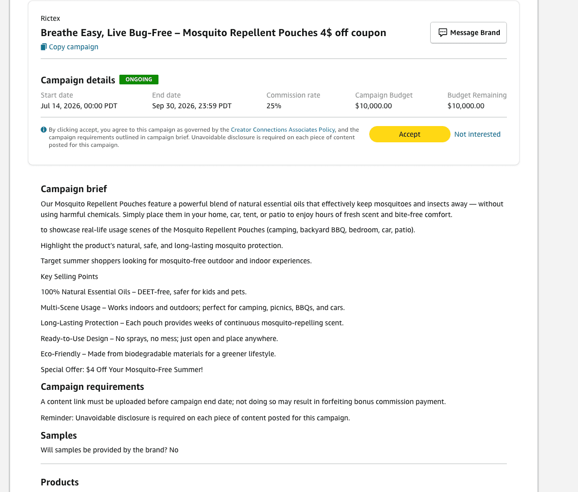 An Amazon Creator Connections campaign brief from the brand Rictex offering a 25 percent commission and listing the claims creators should make