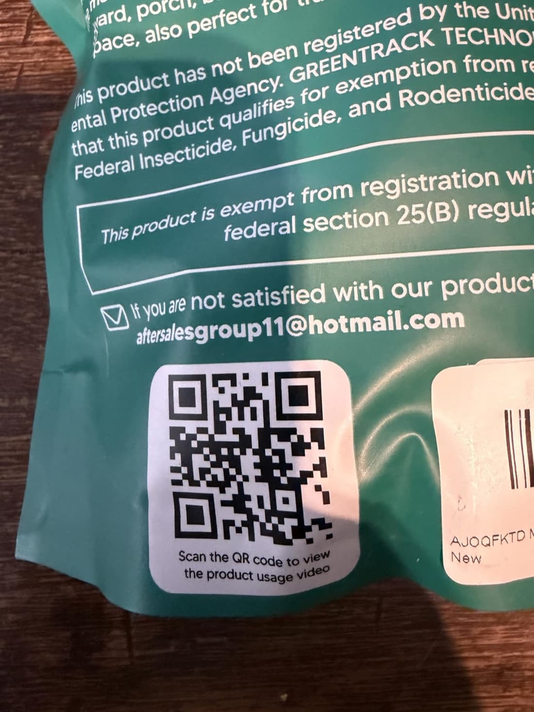 Back of the package stating the product has not been registered by the EPA and is exempt from registration under federal section 25(B), with a Hotmail after-sales contact