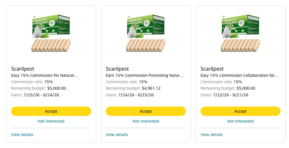 Three Amazon Creator Connections offer cards from the brand Scarilpest, each offering a 15 percent commission to promote mosquito repellent balls